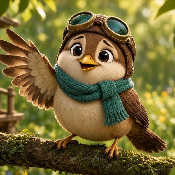 Wren, a little sparrow with aviator goggles and a teal scarf, waving from a branch